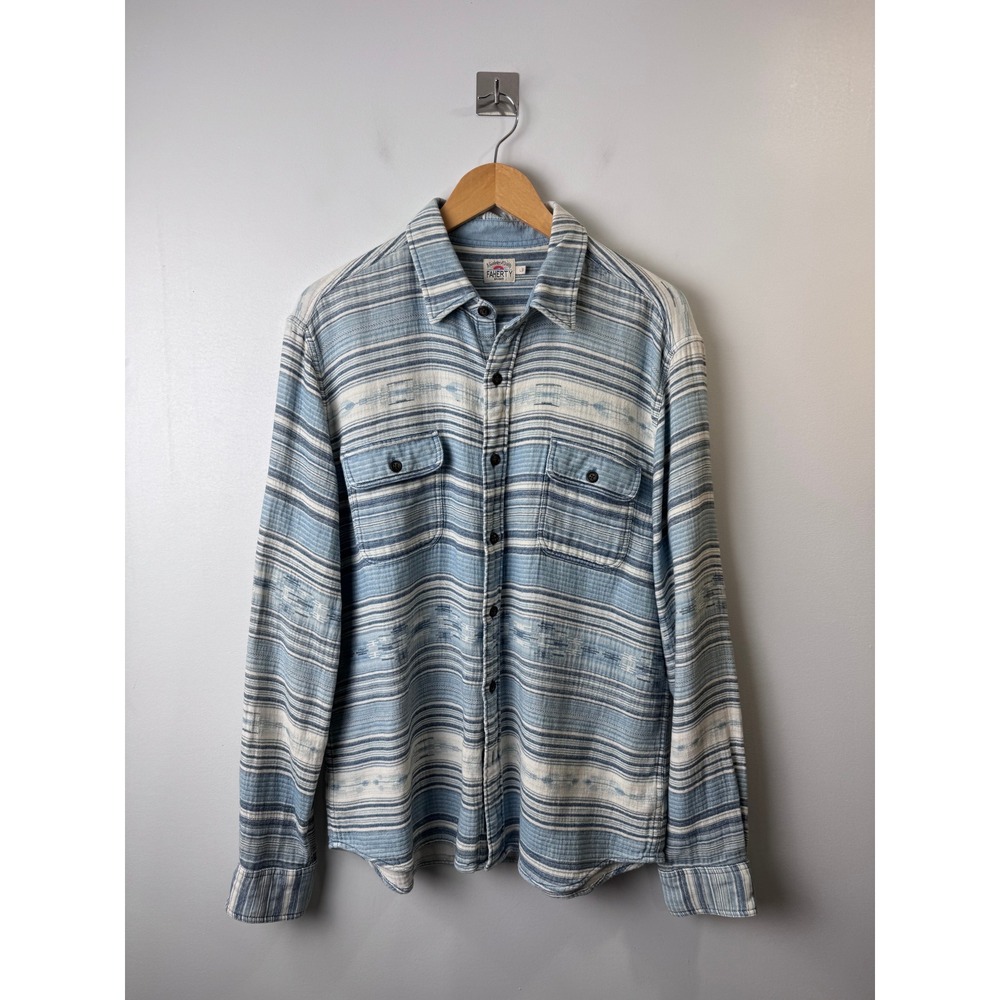 Faherty Canyon Overshirt Men Blue Striped Ikat Cotton Large